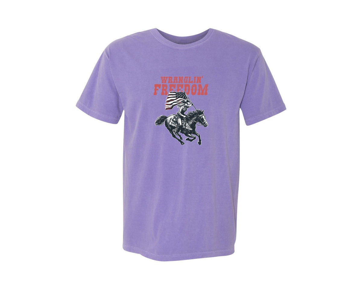 brand:Comfort Colors|color:Violet|Wranglin Freedom American Cowgirl Shirt 2 Graphic T-Shirt