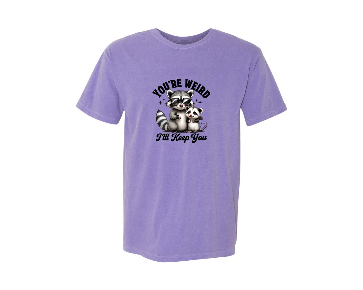 brand:Comfort Colors|color:Violet|Funny Sarcastic Raccoon Possum Weird Graphic T-Shirt