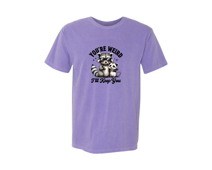 brand:Comfort Colors|color:Violet|Funny Sarcastic Raccoon Possum Weird Graphic T-Shirt