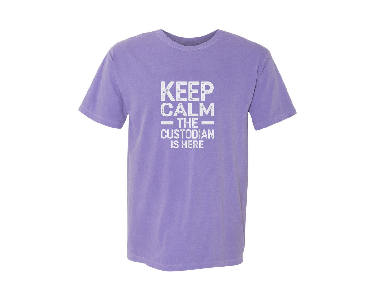 brand:Comfort Colors|color:Violet|Keep Calm Custodian Here Graphic T-Shirt