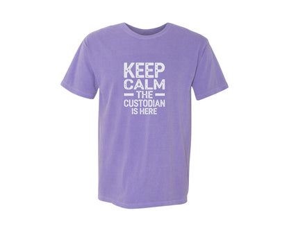 brand:Comfort Colors|color:Violet|Keep Calm Custodian Here Graphic T-Shirt