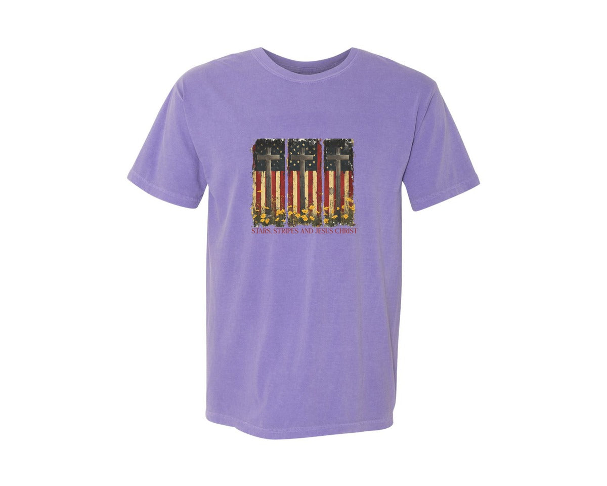 brand:Comfort Colors|color:Violet|Stars And Stripes And Jesus Christ Graphic T-Shirt