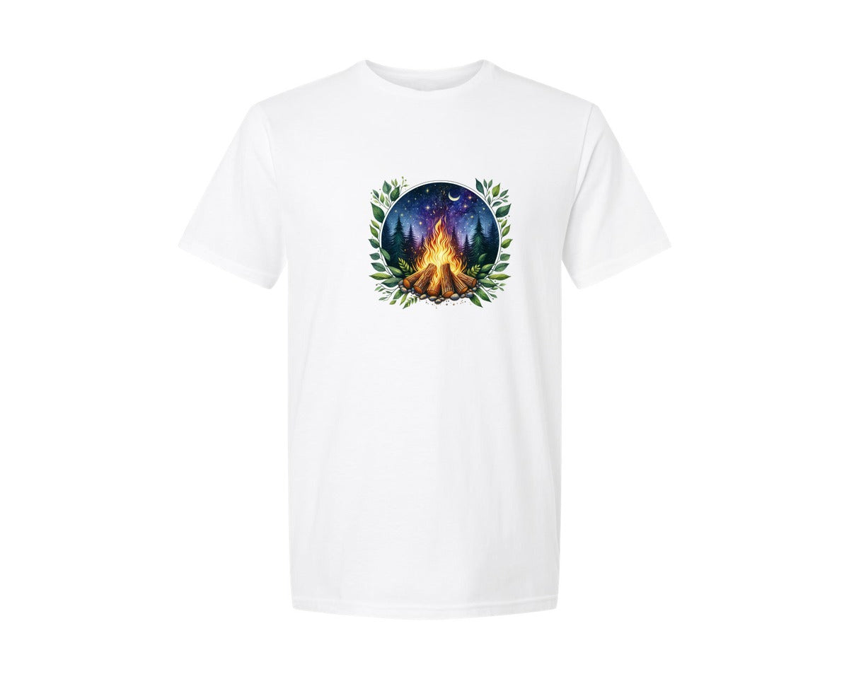 brand:Generic|color:White|Moon Phase Green Forest Campfire Graphic T-Shirt
