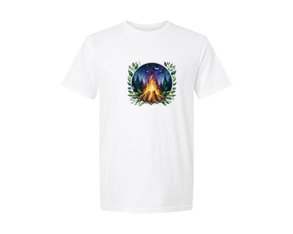 brand:Generic|color:White|Moon Phase Green Forest Campfire Graphic T-Shirt