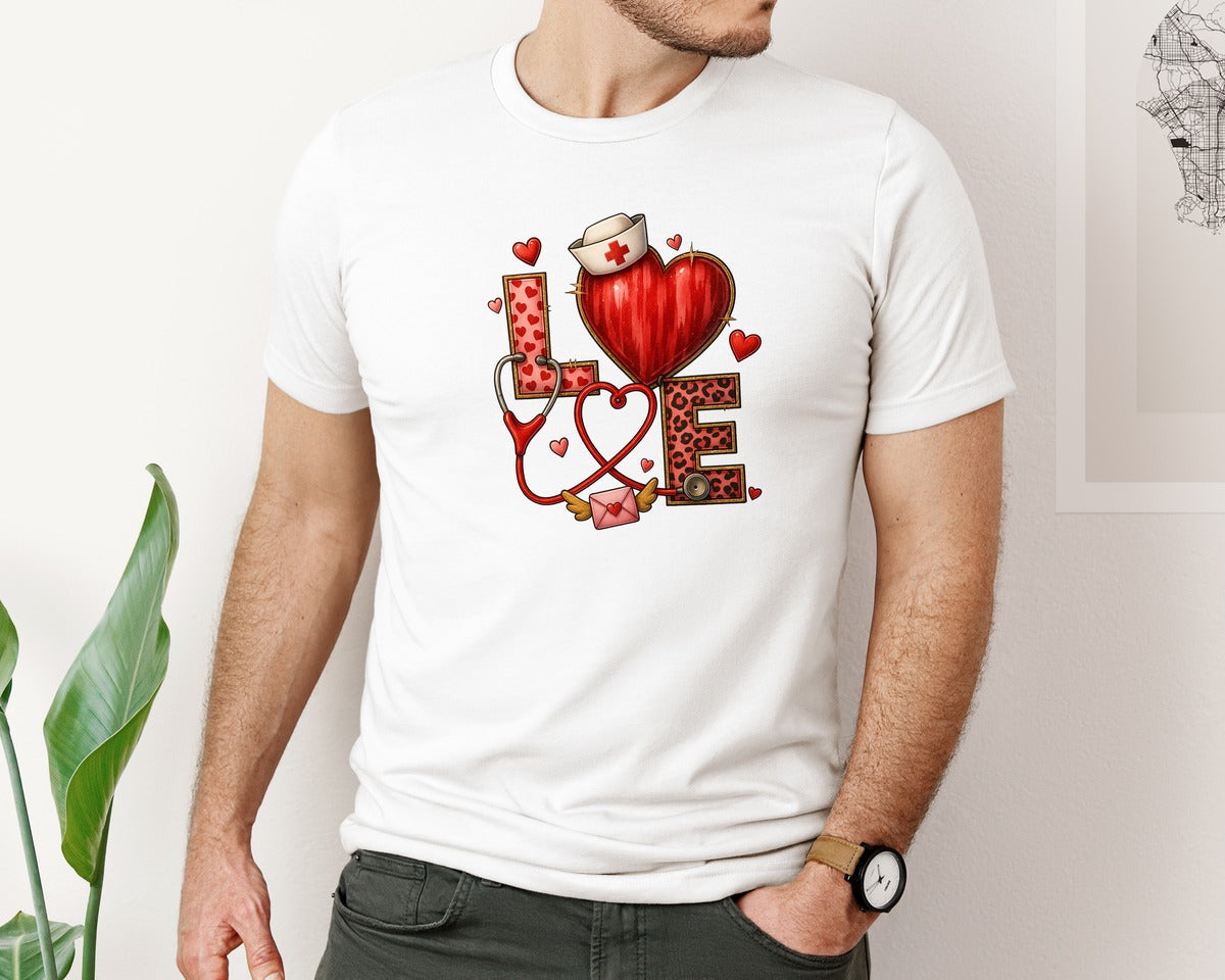 brand:Bella Canvas|color:White|Nurse Love Stethescope Nurse Life Graphic T-Shirt