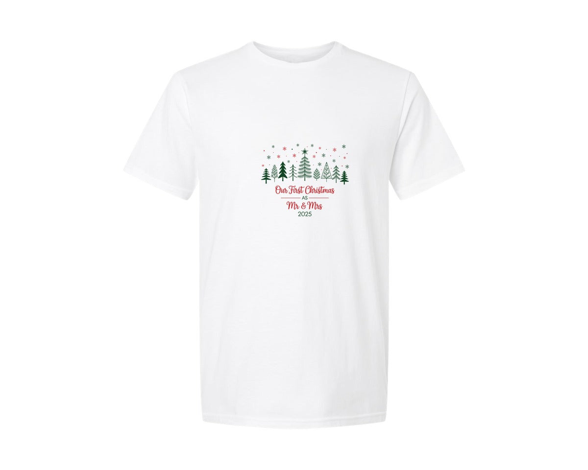 brand:Generic|color:White|Our First Christmas As Mr Mrs 2025 7 Graphic T-Shirt