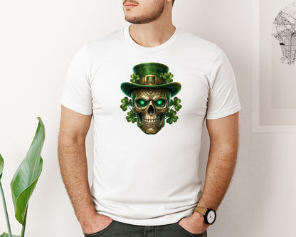brand:Bella Canvas|color:White|St Patricks Day Skull Shamrocks Graphic T-Shirt