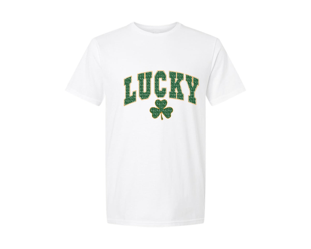 brand:Generic|color:White|Retro Lucky Varsity Shamrock St Pat Graphic T-Shirt