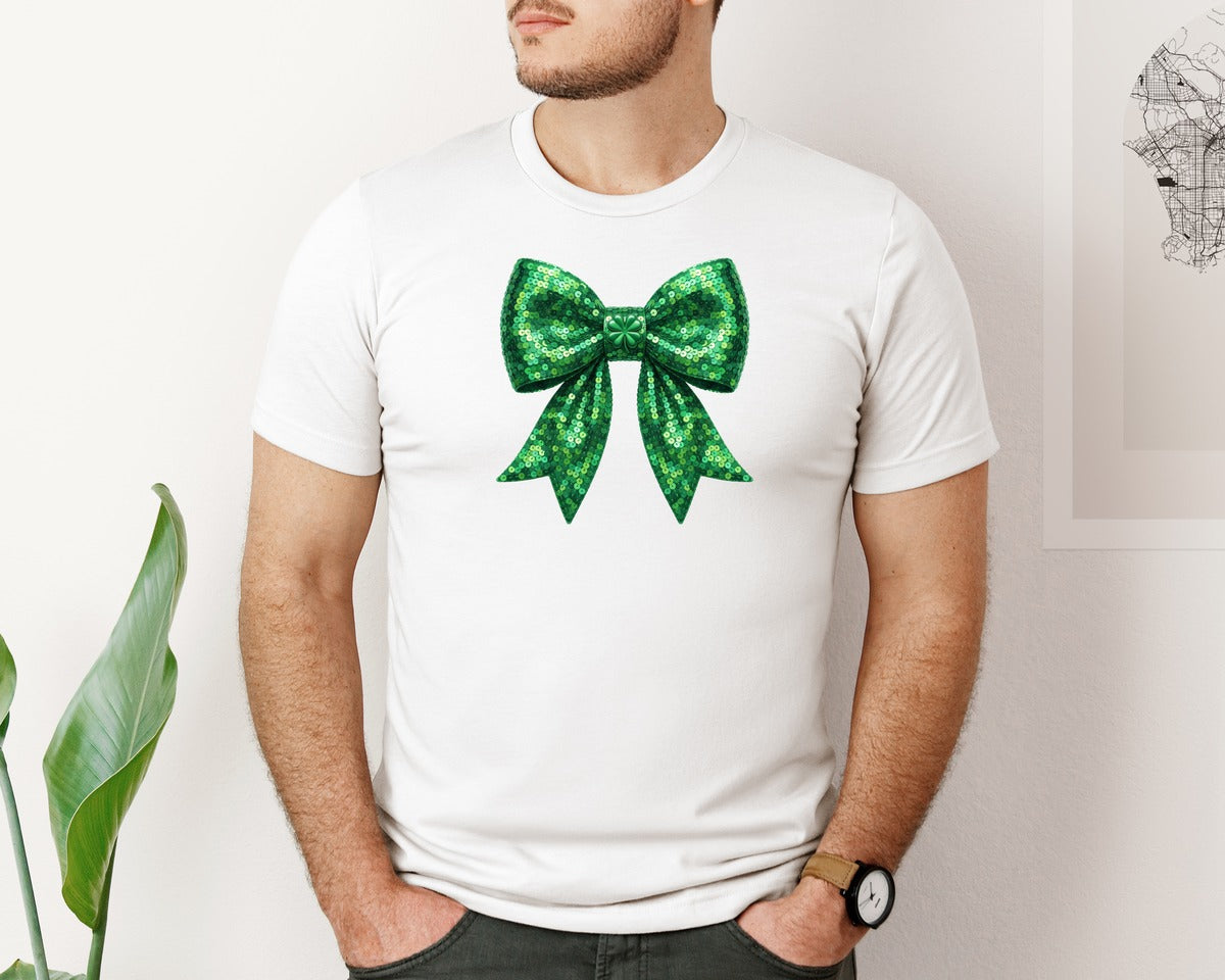 brand:Bella Canvas|color:White|St Patricks Day Sequin Bow Graphic T-Shirt