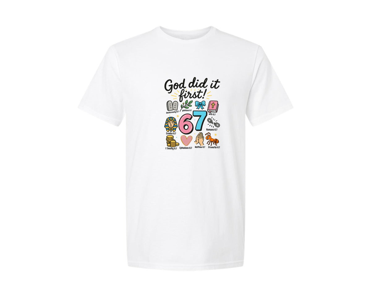 brand:Generic|color:White|God Did It First Christian 6 7 Graphic T-Shirt