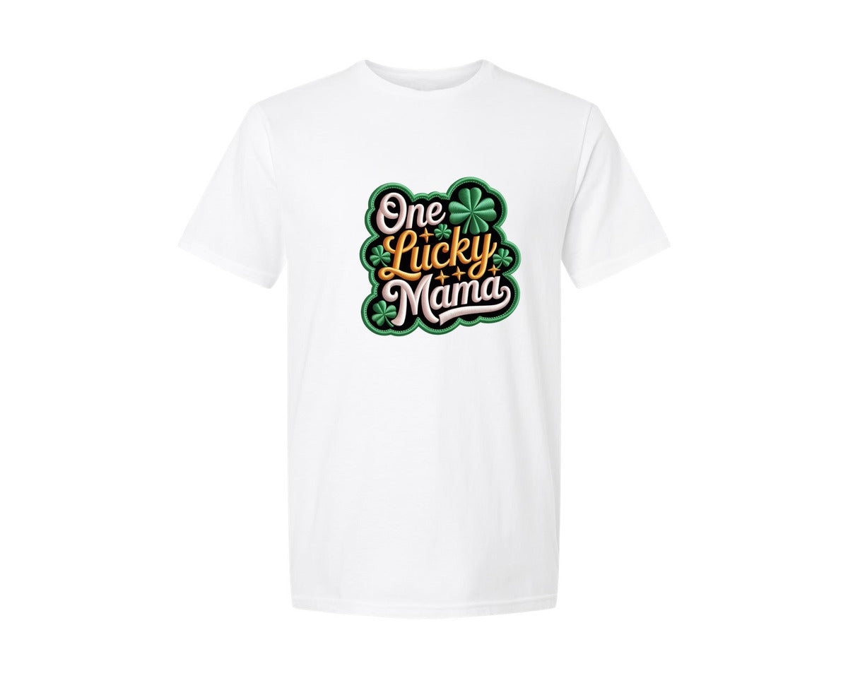 brand:Generic|color:White|Crochet One Lucky Mama St Patricks Day Graphic T-Shirt