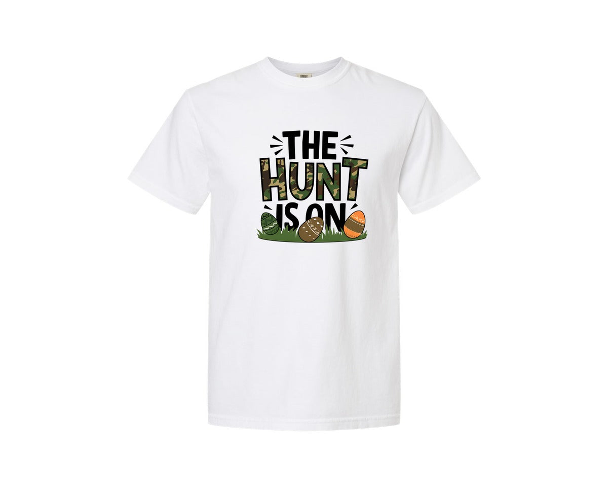 brand:Comfort Colors|color:White|The Hunt Is On Camo Easter Egg Camo Graphic T-Shirt