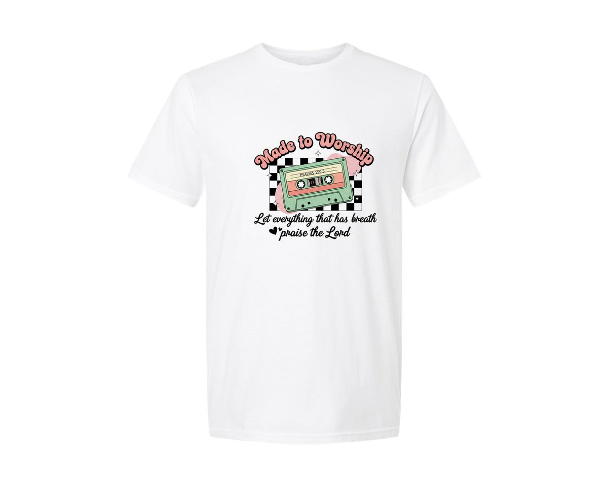 brand:Generic|color:White|Made To Worship Retro Cassette Tape Graphic T-Shirt