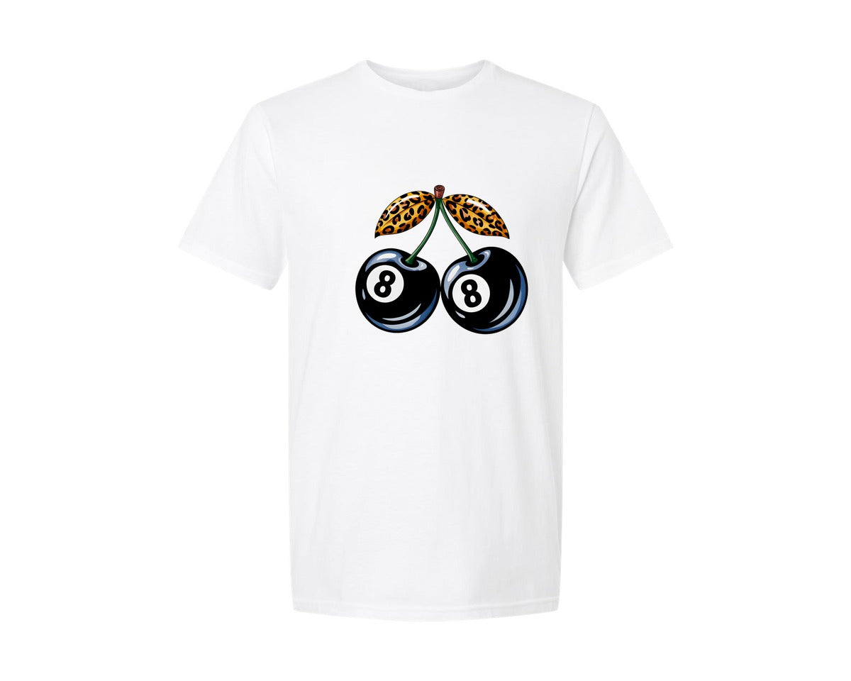 brand:Generic|color:White|Poll 8 Ball Cherry Checkered Cherry Graphic T-Shirt