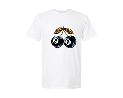 brand:Generic|color:White|Poll 8 Ball Cherry Checkered Cherry Graphic T-Shirt