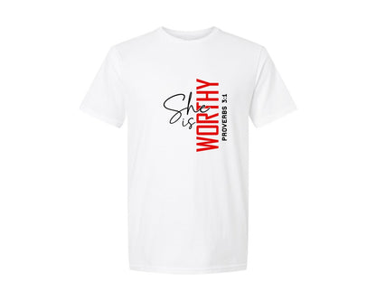 brand:Generic|color:White|She Is Worthy Christian Graphic T-Shirt