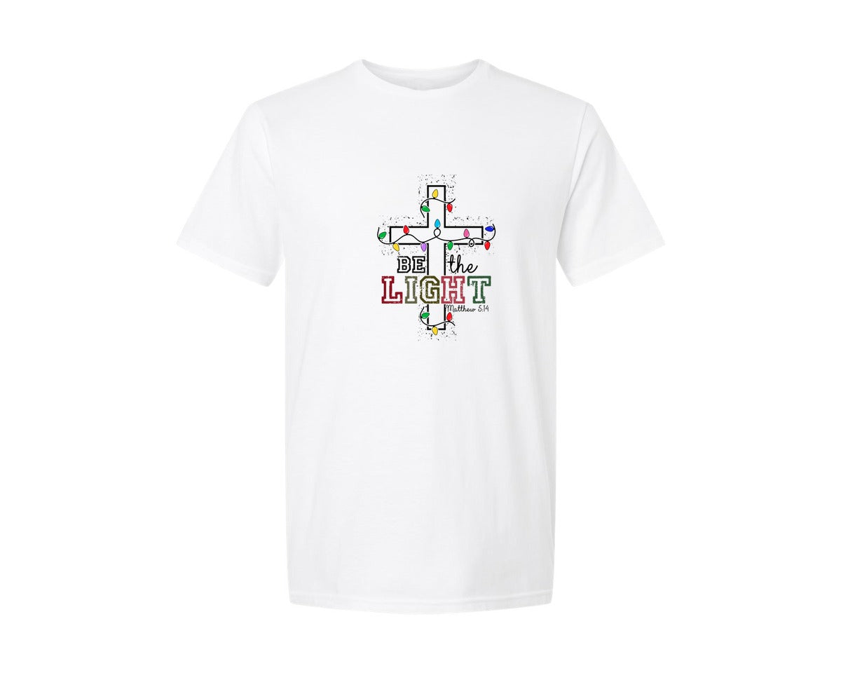 brand:Generic|color:White|Be The Light Christian Cross Lights Graphic T-Shirt