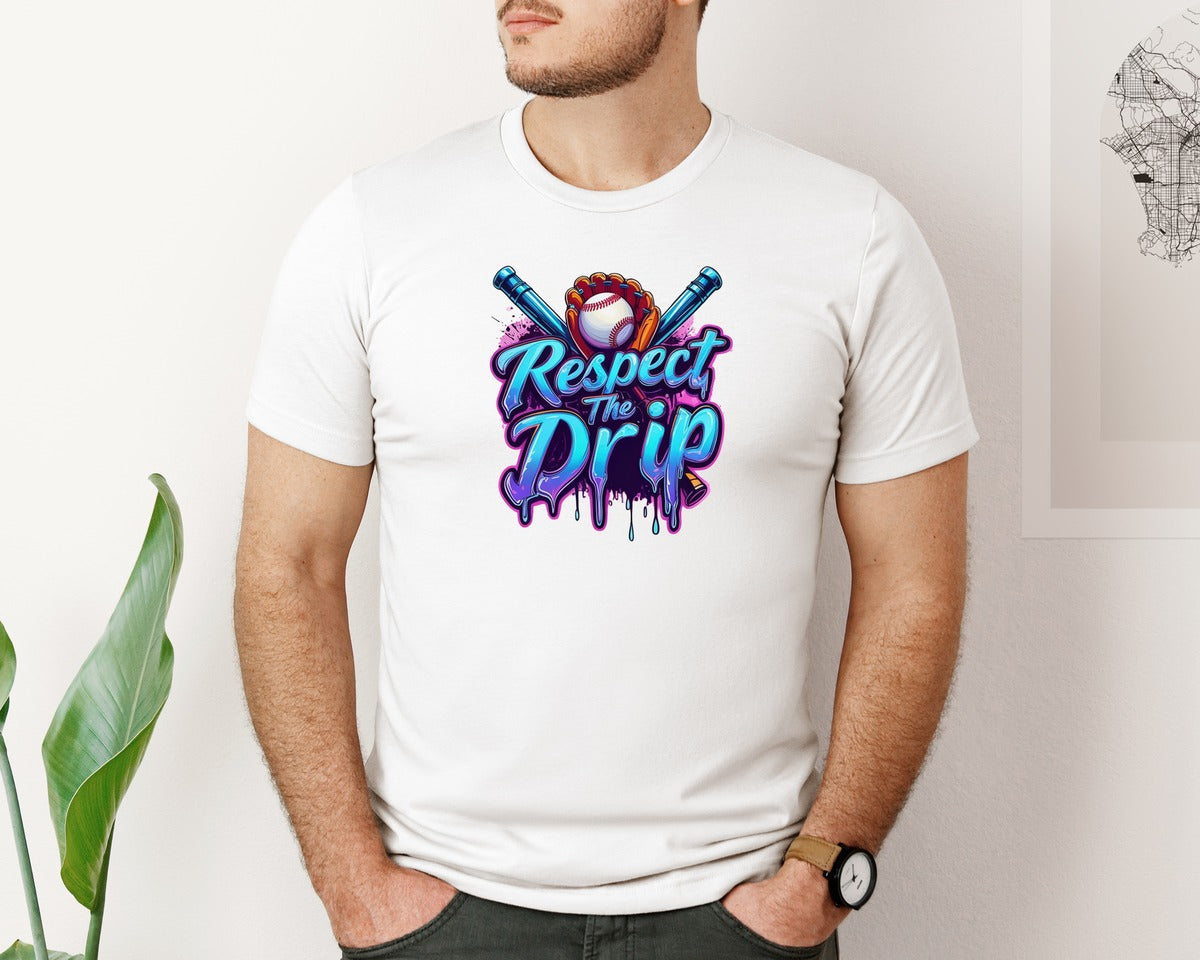 brand:Bella Canvas|color:White|Respect The Drip Baseball Baseball Graphic T-Shirt