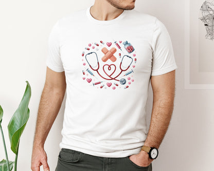 brand:Bella Canvas|color:White|Cute Nurse Doctor Love Medical Elements Graphic T-Shirt