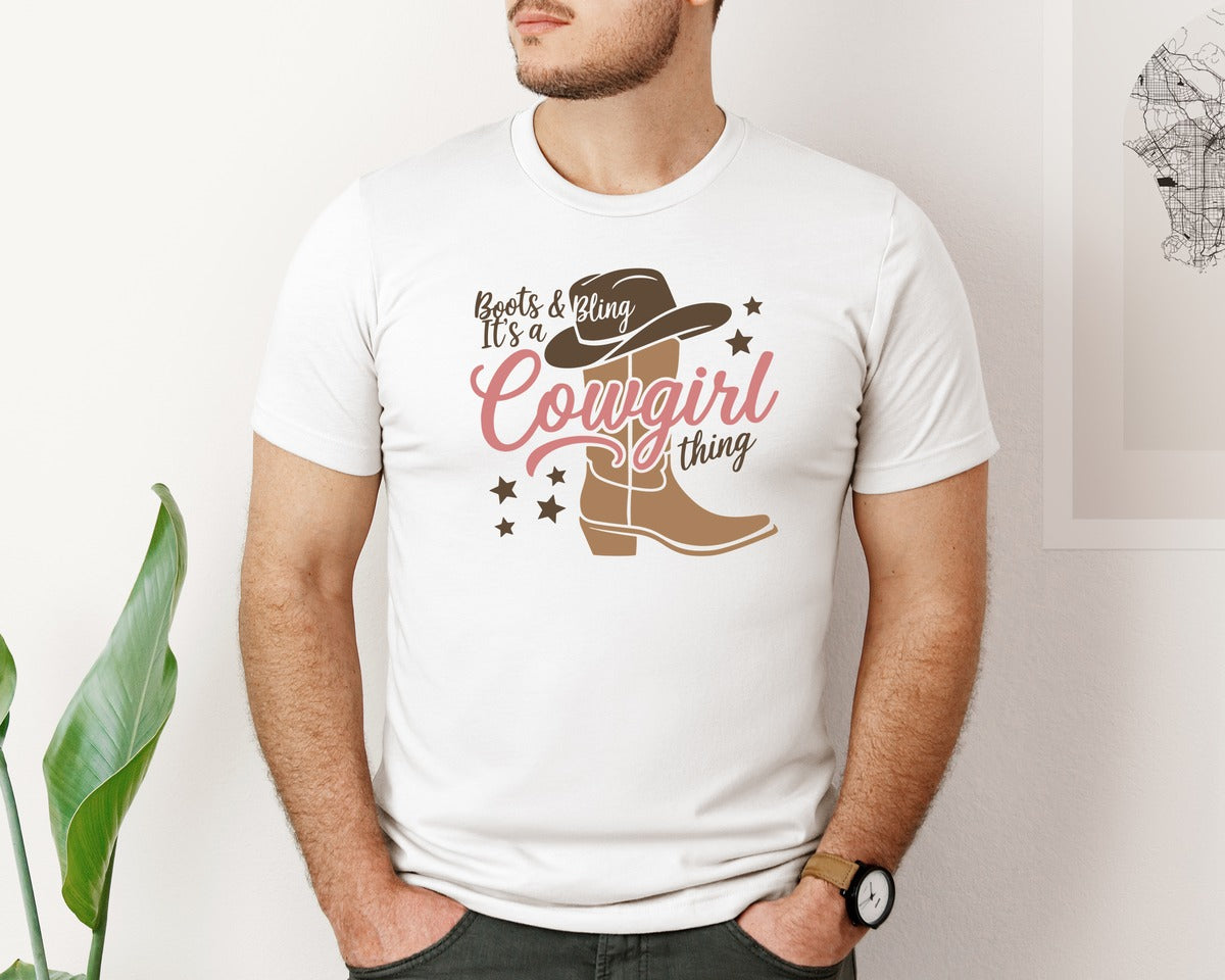 brand:Bella Canvas|color:White|Boots Bling Its A Cowgirl Thing 3 Graphic T-Shirt