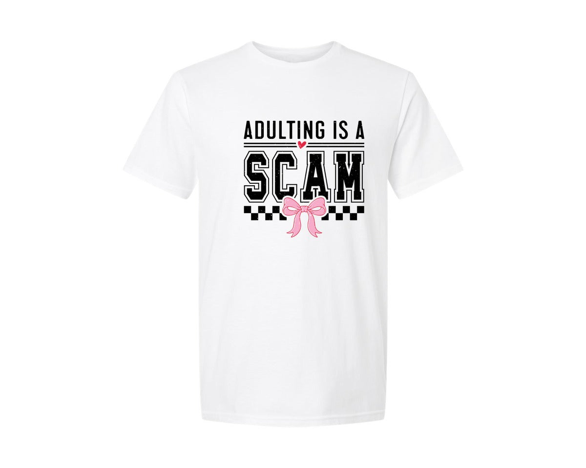 brand:Generic|color:White|Adulting Is A Scam Sarcastic Graphic T-Shirt