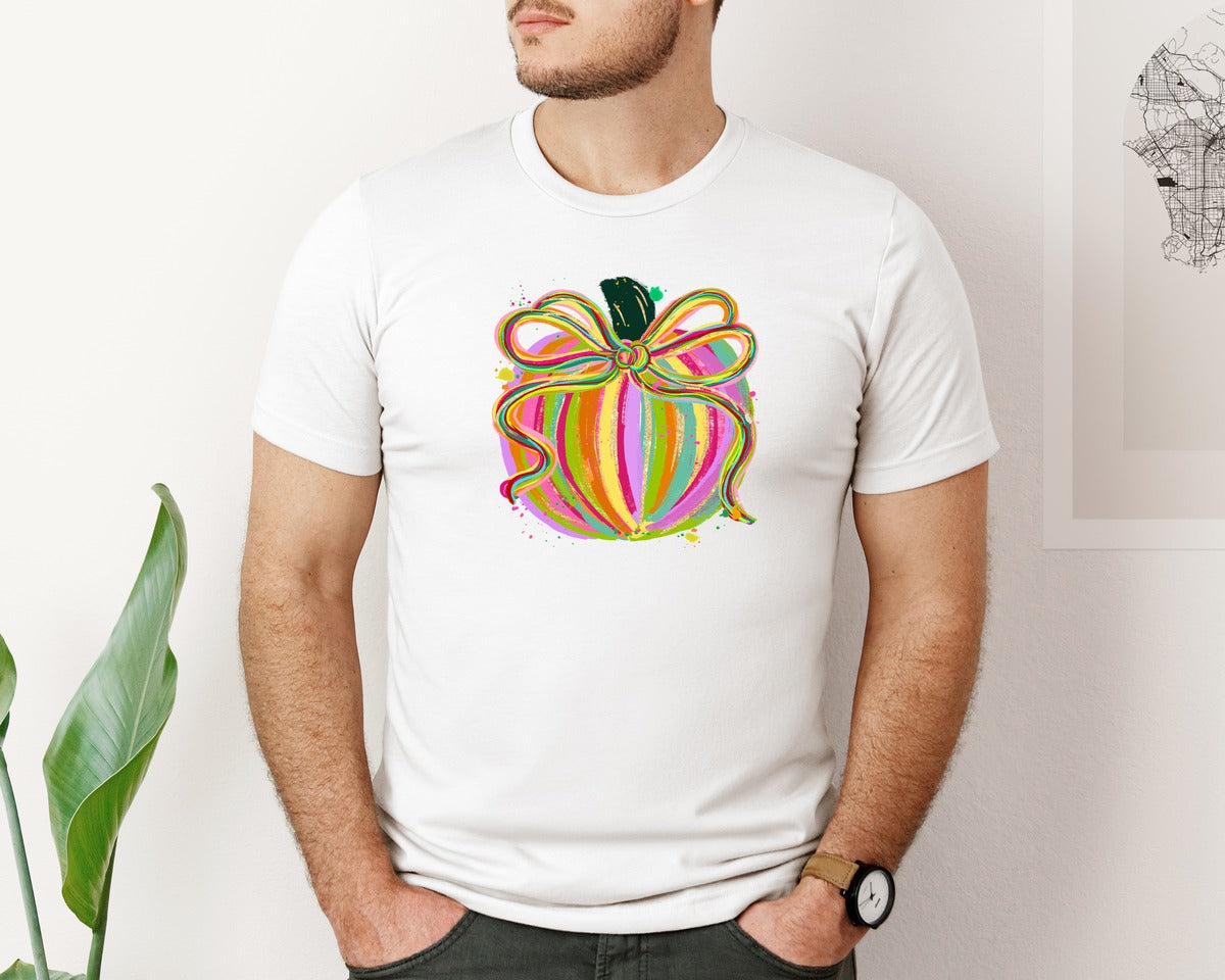 brand:Bella Canvas|color:White|Preppy Pumpkin Brushstroke Coquette Bow Graphic T-Shirt