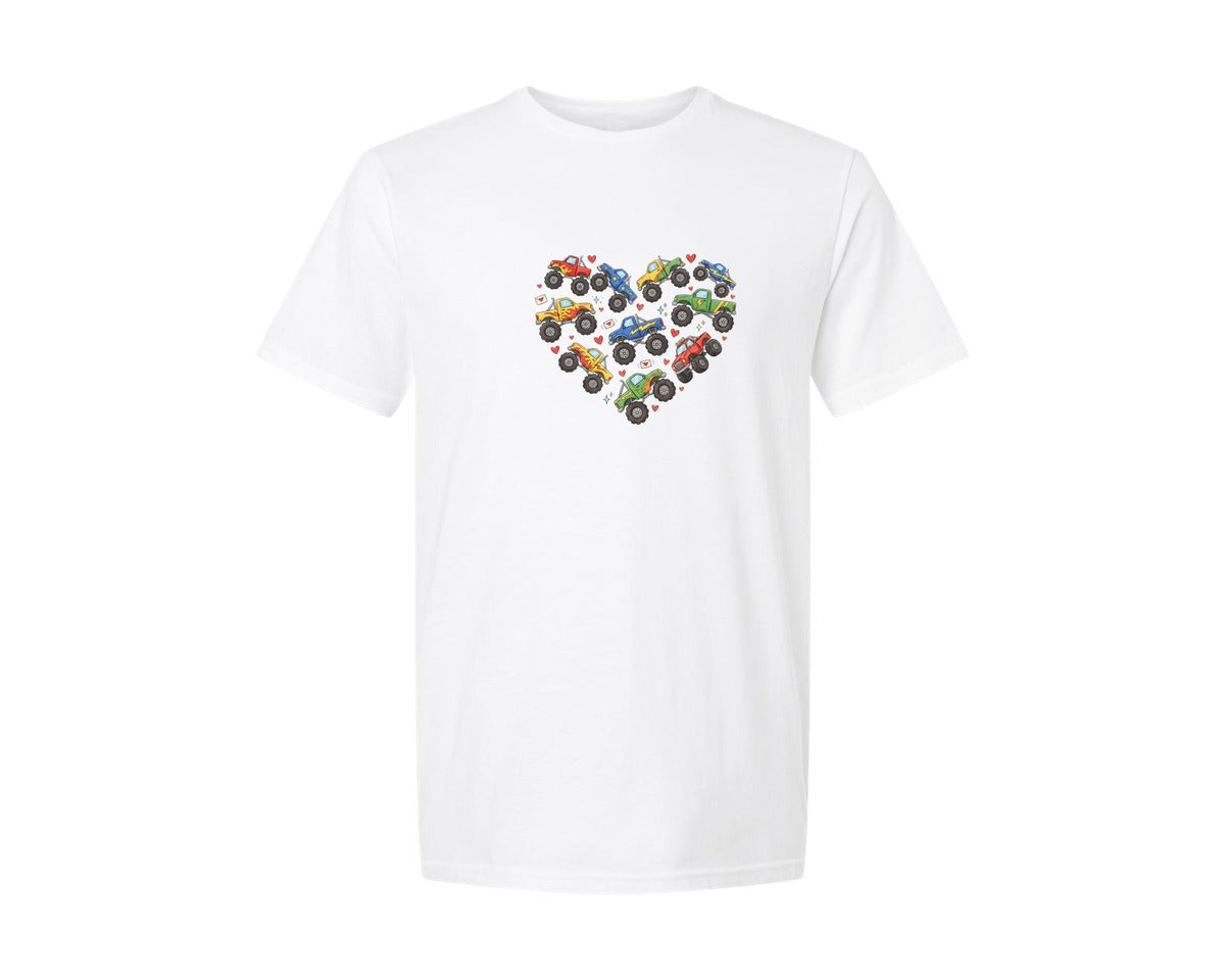 brand:Generic|color:White|Monster Truck Heart Valentine Graphic T-Shirt