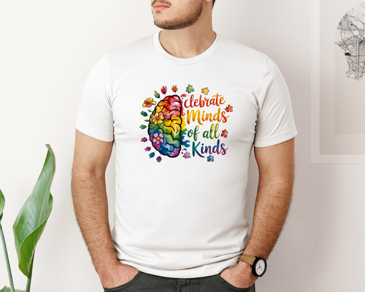 brand:Bella Canvas|color:White|Autism Awareness Celebrate Minds Graphic T-Shirt
