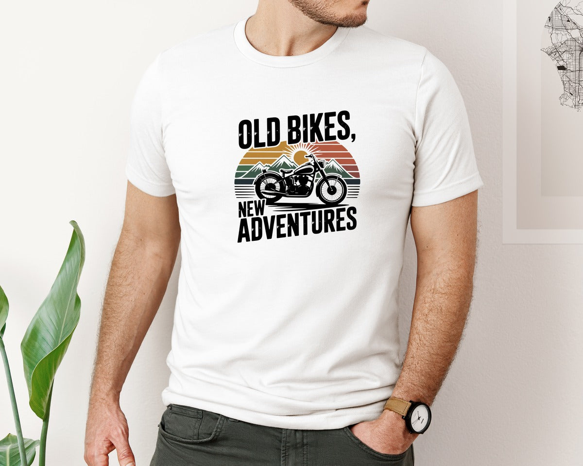 brand:Bella Canvas|color:White|Retro Vintage Old Bikes New Adventures Graphic T-Shirt