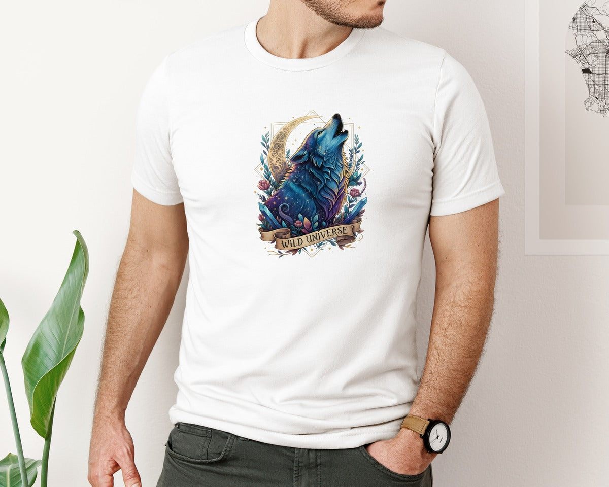 brand:Bella Canvas|color:White|Celestial Wolf Moon T Shirt Wild Graphic T-Shirt