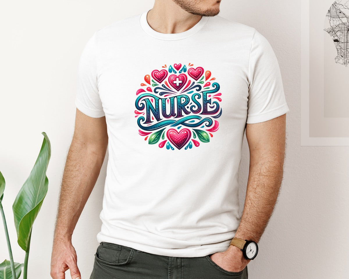 brand:Bella Canvas|color:White|Nurse Hospital Carer Medic Hearts Graphic T-Shirt