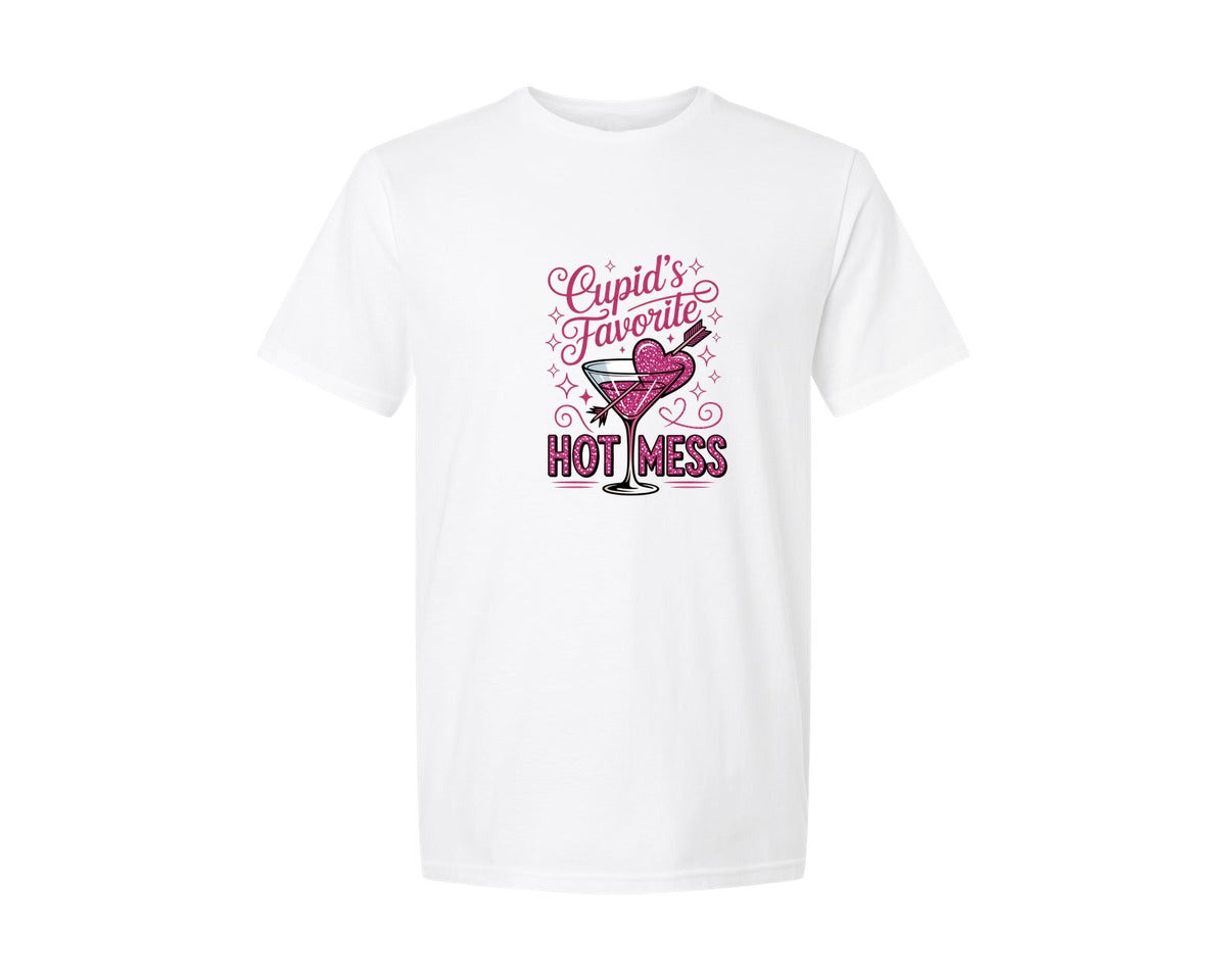 brand:Generic|color:White|Cupids Hot Mess Glitter Valentines Graphic T-Shirt
