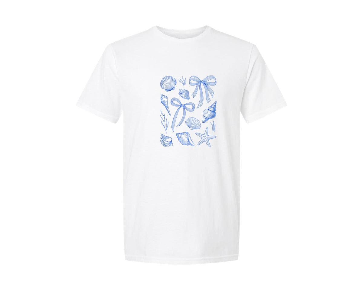 brand:Generic|color:White|Vintage Blue Shells Bows Nautical Graphic T-Shirt