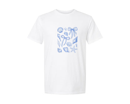 brand:Generic|color:White|Vintage Blue Shells Bows Nautical Graphic T-Shirt