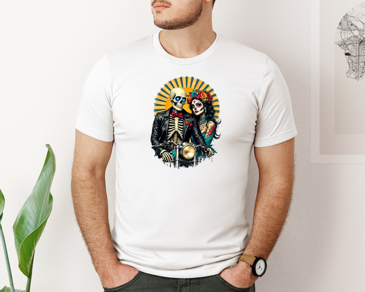 brand:Bella Canvas|color:White|Day Of The Dead Skeleton Couple Bikers Graphic T-Shirt