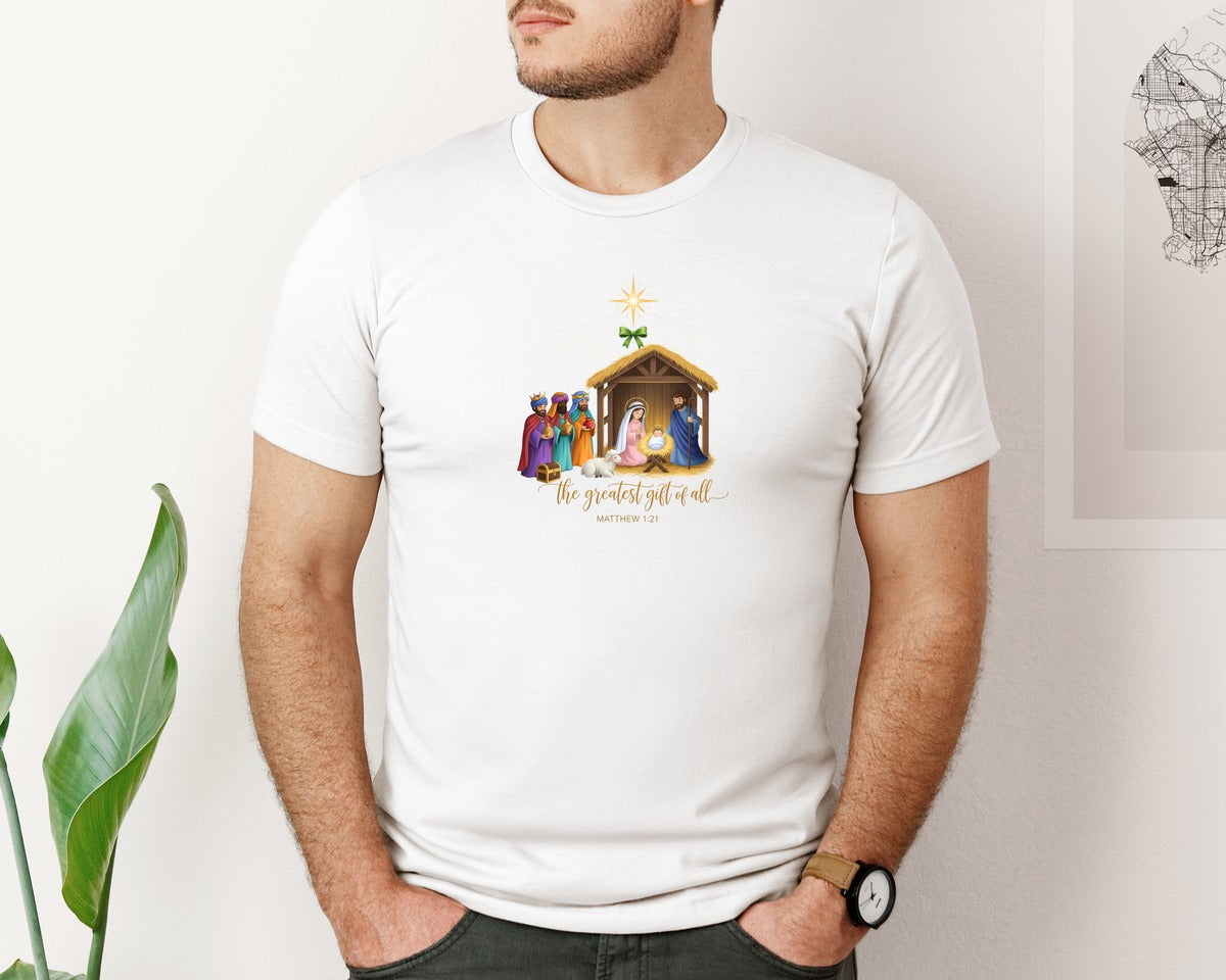 brand:Bella Canvas|color:White|Christian Christmas Manger With Wise Men Graphic T-Shirt
