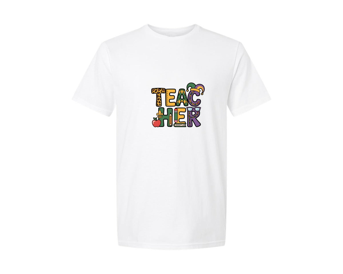 brand:Generic|color:White|Mardi Gras Teache Graphic T-Shirt