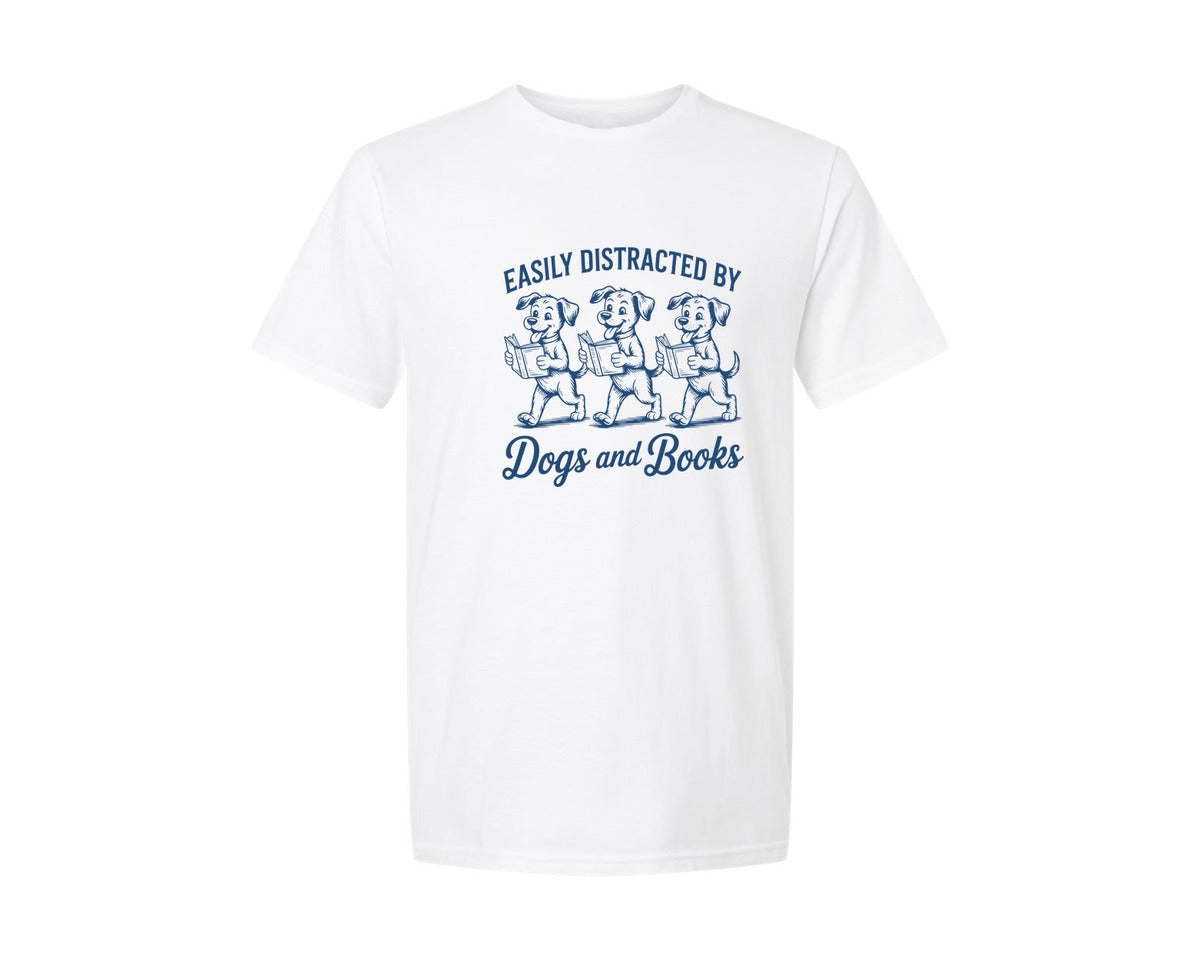 brand:Generic|color:White|Easily Distracted By Dogs And Books 7 Graphic T-Shirt