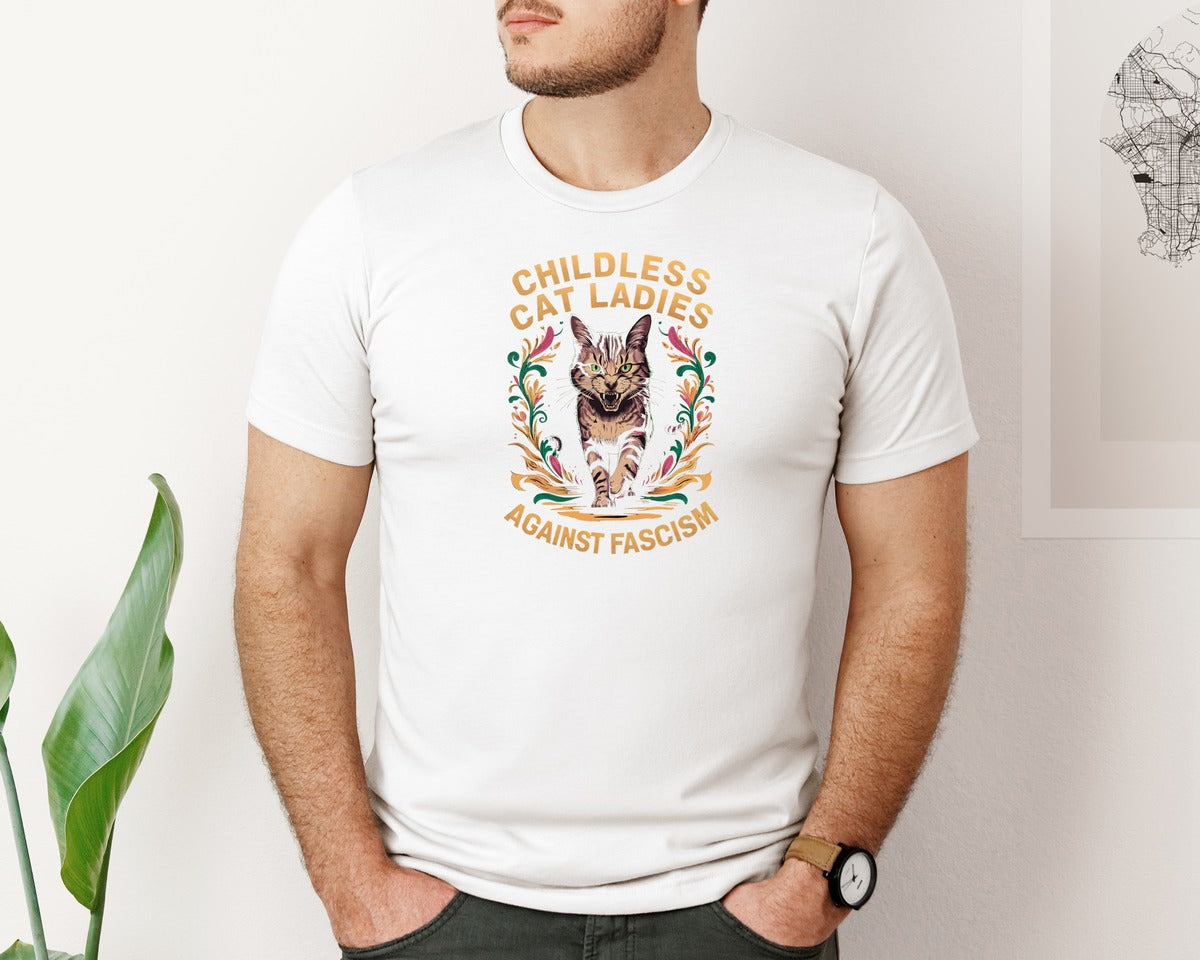 brand:Bella Canvas|color:White|Childless Cat Ladies Against Fascism Graphic T-Shirt