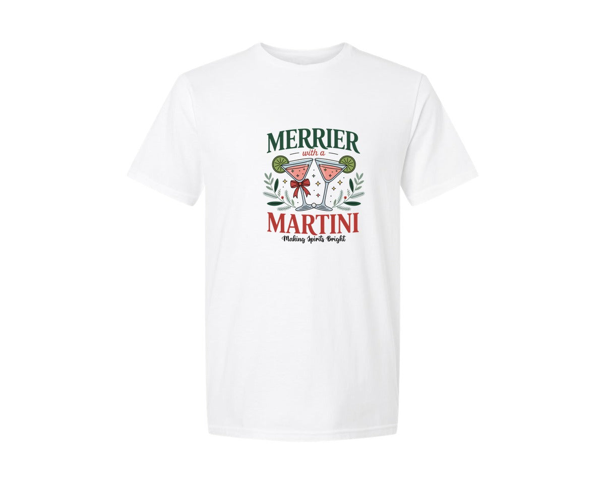 brand:Generic|color:White|Merrier With A Martini Christmas Graphic T-Shirt