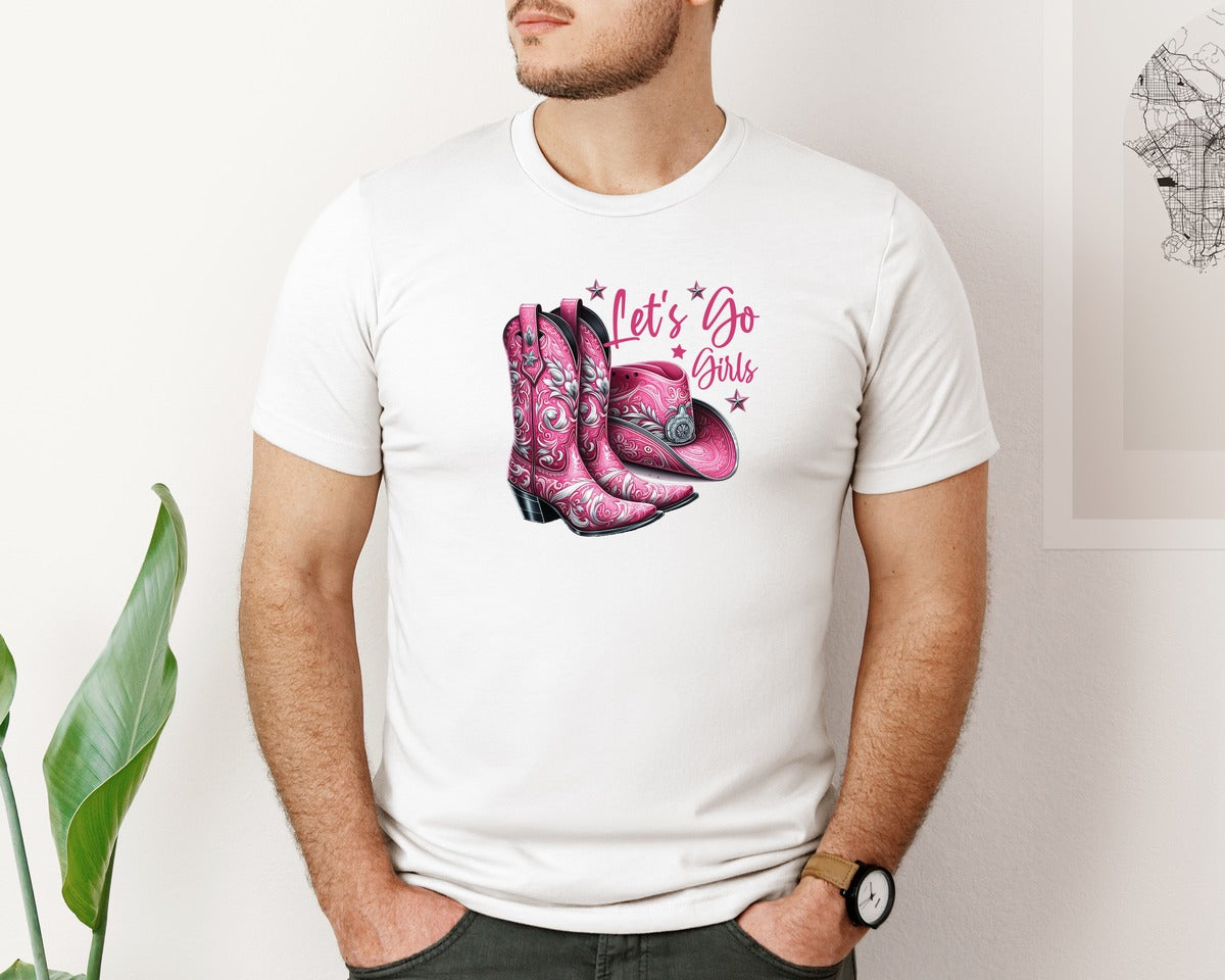 brand:Bella Canvas|color:White|Lets Go Girls Cowgirl Boots 2 Graphic T-Shirt