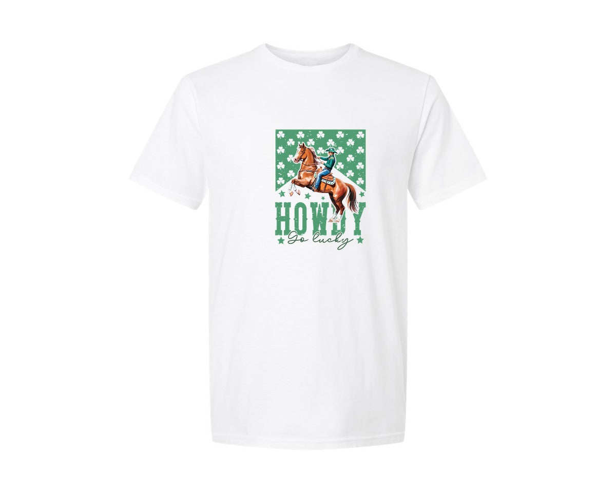 brand:Generic|color:White|Howdy Go Lucky St Patricks Day Graphic T-Shirt