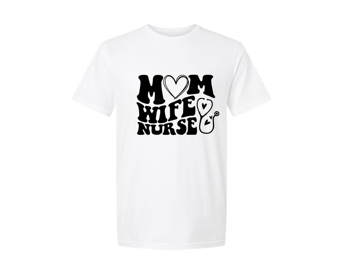 brand:Generic|color:White|Mom Wife Nurse Wavy Graphic T-Shirt