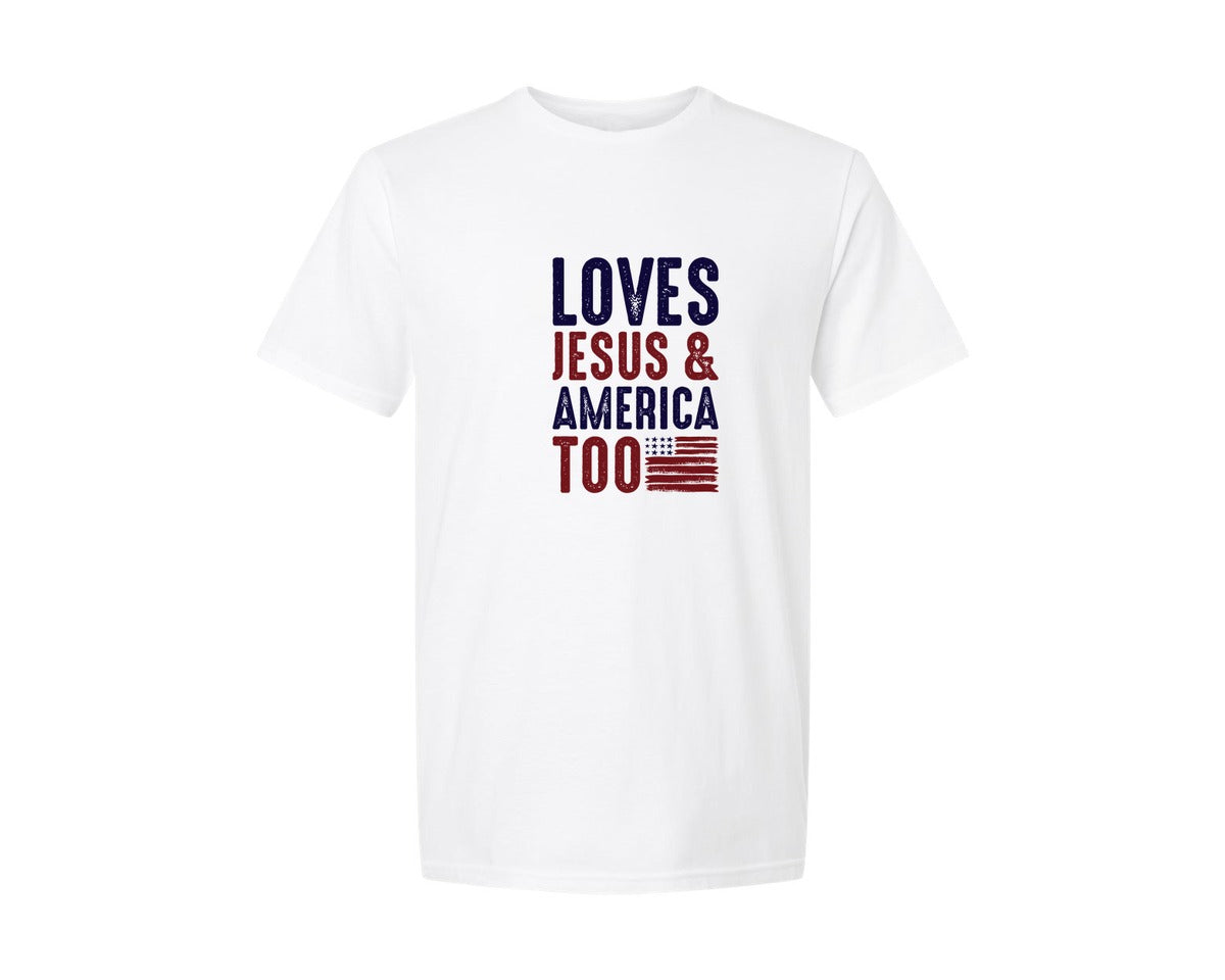 brand:Generic|color:White|Loves Jesus And America Too Jesus Graphic T-Shirt