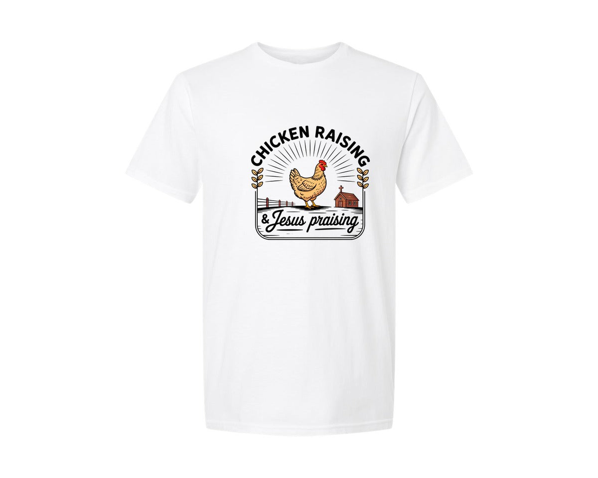 brand:Generic|color:White|Chicken Raising Jesus Praising Graphic T-Shirt