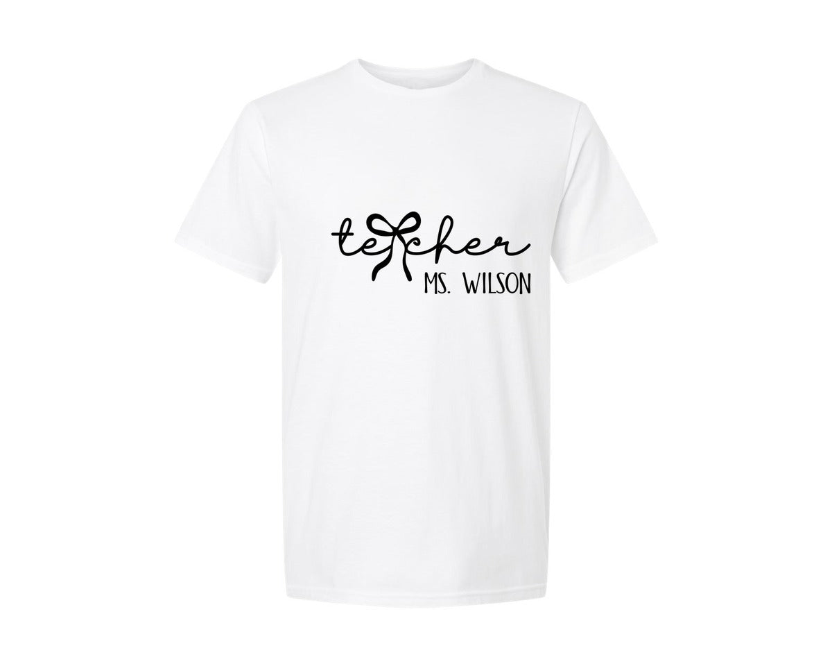 brand:Generic|color:White|Teacher Pink Coquette Bow I Graphic T-Shirt