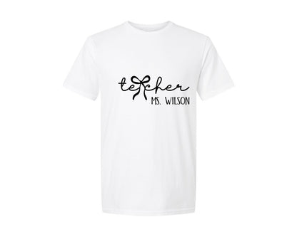brand:Generic|color:White|Teacher Pink Coquette Bow I Graphic T-Shirt