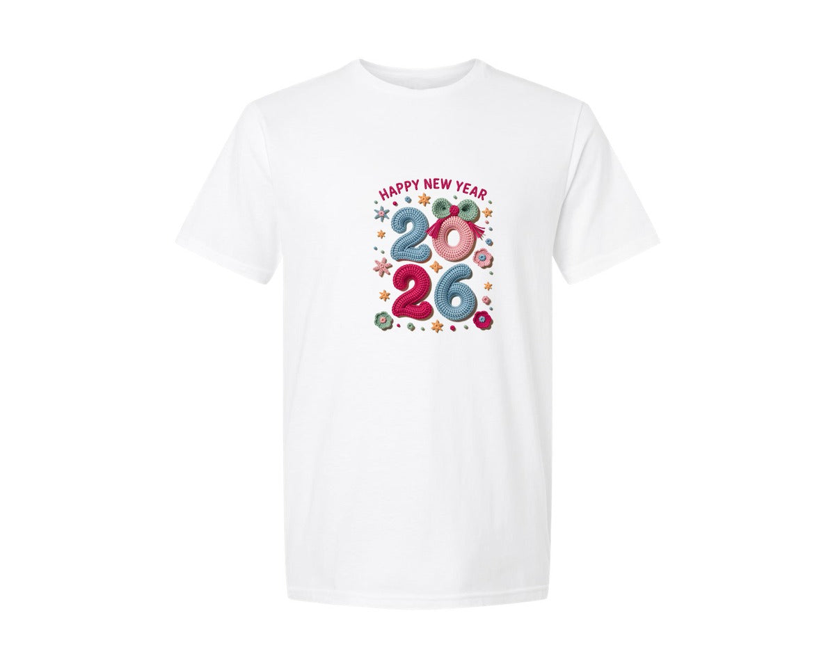 brand:Generic|color:White|Happy New Year 2026 Crochet Yarn Pn Graphic T-Shirt