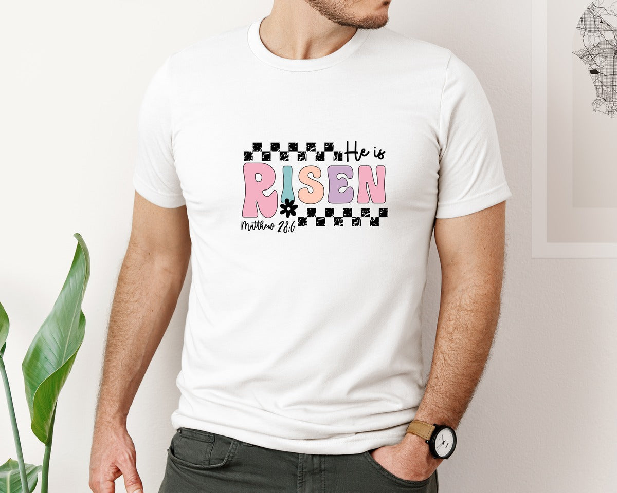 brand:Bella Canvas|color:White|Retro He Is Risen Easter Checkered Graphic T-Shirt
