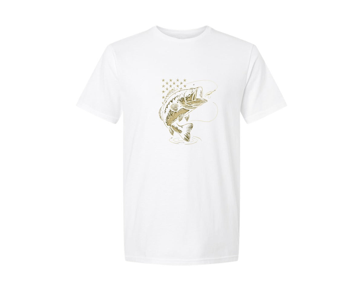 brand:Generic|color:White|Patriotic Bass Fish Jumping With Lure Graphic T-Shirt